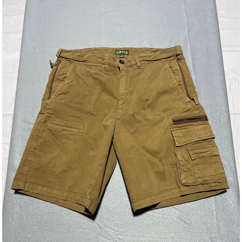 Orvis Mens Brown Cotton Stretch Cargo Shorts Size 34 Utility Hiking Outdoor